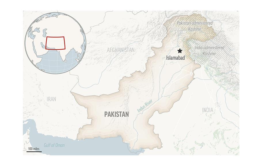 A map of Pakistan indicating its capital and place on the Eurasian landmass.