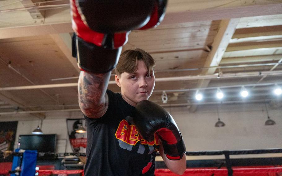 Maddison Van Der Mark shadowboxes inside a boxing ring at New Jersey Give a Kid a Dream at Gleason’s Gym Jersey Shore in Long Branch, N.J., on May 8, 2023.