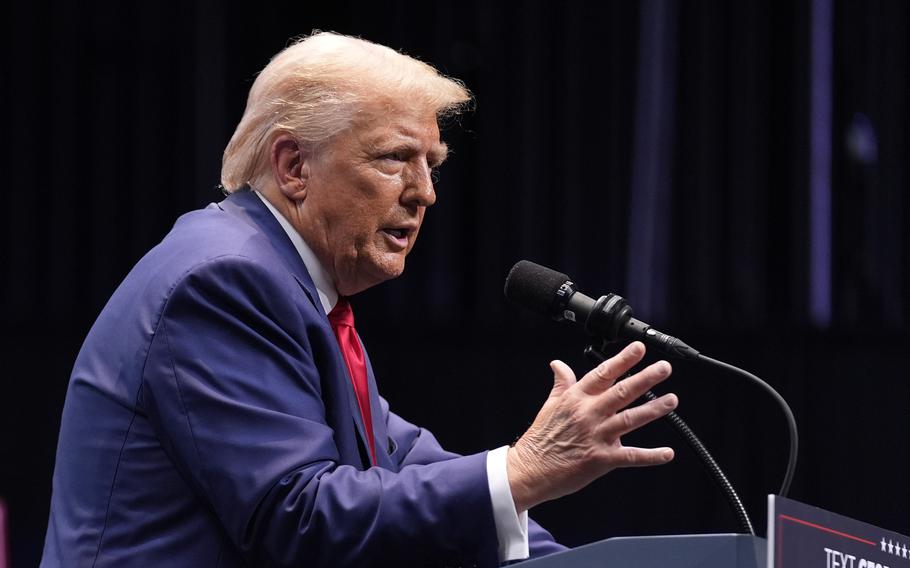 Republican presidential nominee former President Donald Trump speaks about the tax code and manufacturing at the Johnny Mercer Theatre Civic Center, Tuesday, Sept. 24, 2024, in Savannah, Ga.