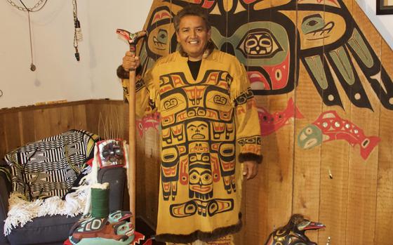 Kaaxooutch, who also goes by Garfield George, with the beaver prow in Angoon, Alaska, in 2018. MUST CREDIT: Courtesy of Garfield George