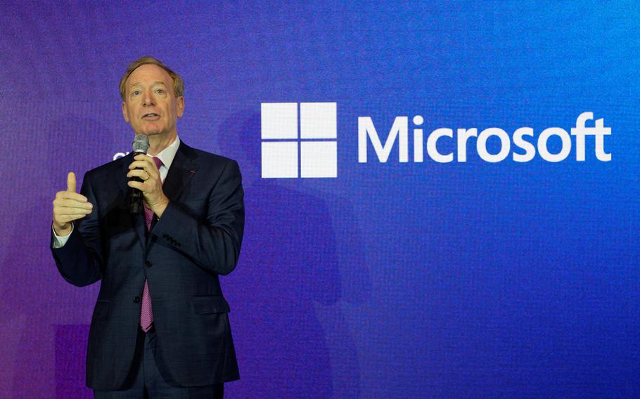 Microsoft Vice Chair and President Brad Smith delivers his speech at the French Microsoft headquarters in Issy-les-Moulineaux, outside Paris, on May 13, 2024. 