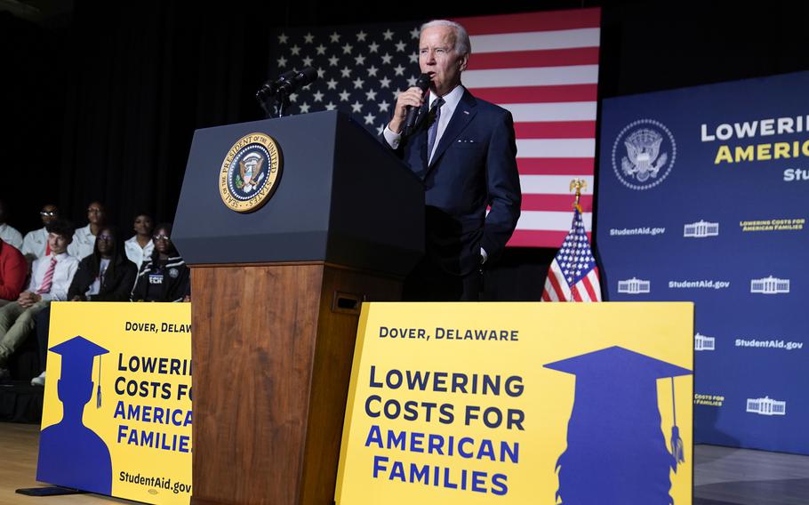 Joe Biden speaks about student loan debt relief at Delaware State University in Dover in October 2022.