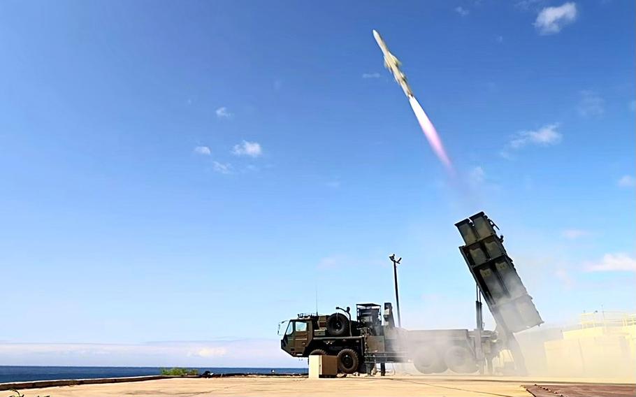 Japanese soldiers fire a Type 12 surface-to-ship missile during a Rim of the Pacific sinking exercise on Kauai, Hawaii, on July 12, 2024.