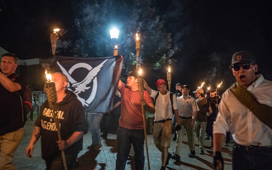 Demonstrators at a white supremacist rally in Charlottesville in August 2017. 