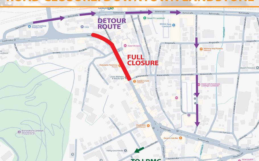 A map shows the road closure in downtown Landstuhl.