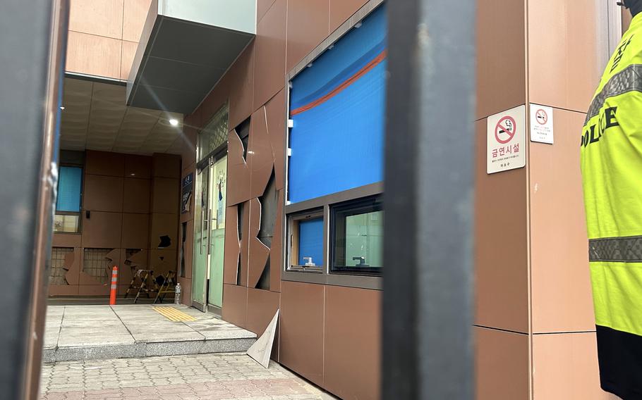 A wall is damaged at the Seoul Western District Court.