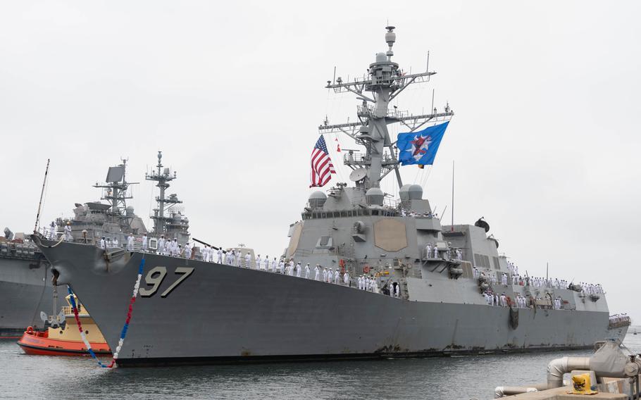 The Arleigh Burke-class guided-missile destroyer USS Halsey (DDG 97) returns from a seven-month deployment to its homeport at Naval Base San Diego, Aug. 16, 2024. 