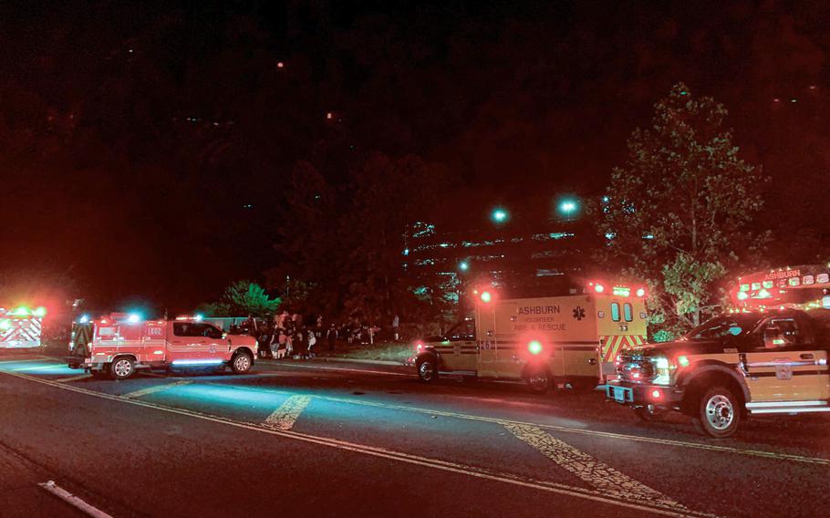 Emergency personnel respond to a report of a gas leak in Sterling, Va., on July 31, 2024. A failed valve was the cause of last night’s ammonia leak that evacuated a large industrial building in Sterling and sent employees to several local area hospitals.