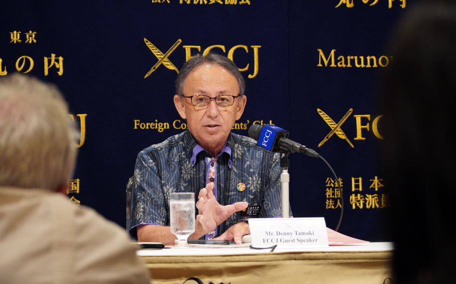 Okinawa Gov. Denny Tamaki speaks to reporters at the Foreign Correspondents' Club of Japan in Tokyo, Wednesday, Aug. 7, 2024.