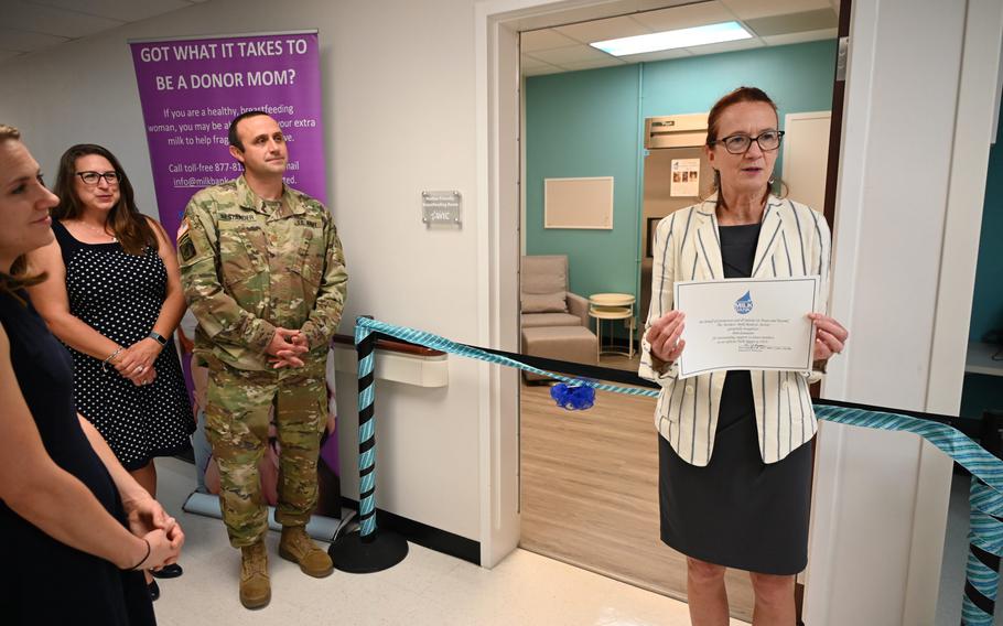 Kim Updegrove, director of the Mothers’ Milk Bank at Austin, speaks Aug. 23, 2023, during a ceremony to open the military’s first breast milk drop-off site at Fort Cavazos, Texas. 