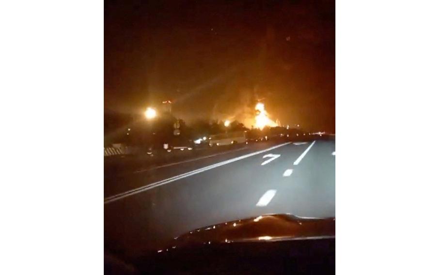 A fire from an oil refinery in Novoshakhtinsk, Rostov Region, Russia, in this screengrab obtained from a social media video released June 6, 2024. 