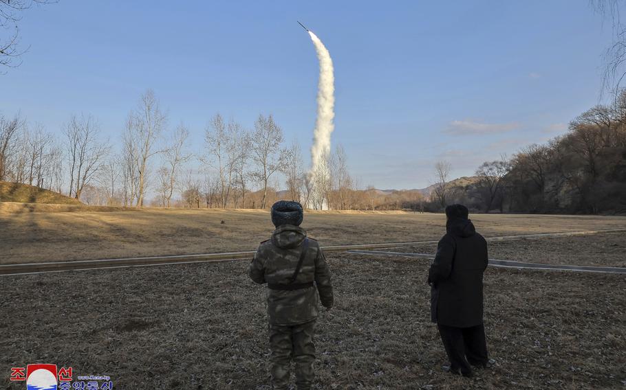 In this photo provided by the North Korean government, its leader Kim Jong Un, right, inspects testing of sea-to-surface strategic cruise guided weapons at an undisclosed location in North Korea, Saturday, Jan. 25, 2025. Independent journalists were not given access to cover the event depicted in this image distributed by the North Korean government. The content of this image is as provided and cannot be independently verified. Korean language watermark on image as provided by source reads: “KCNA” which is the abbreviation for Korean Central News Agency.