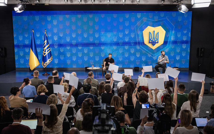 Ukraine’s President Volodymyr Zelenskyy takes questions at a news conference on Tuesday in Kyiv.