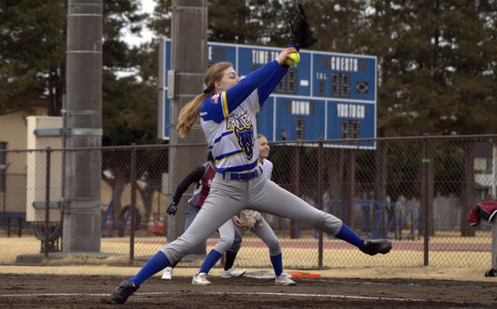 Yokota senior Zaylee Gubler tossed a no-hitter Friday against Matthew C. Perry, one of three no-hitters thrown on the Pacific softball and baseball diamonds this weekend.