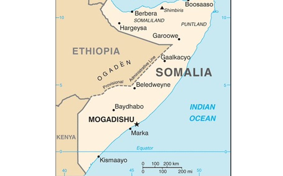 A map of Somalia is shown, with neighboring Ethiopia, Kenya, and the region of Somaliland all denoted as well.