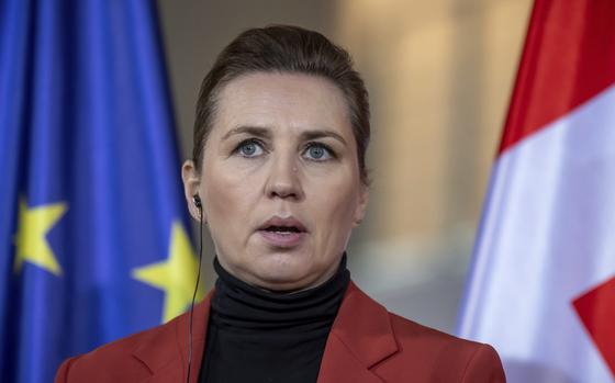 Danish Prime Minister Mette Frederiksen speaks at a meeting with German Chancellor Olaf Scholz in Berlin, Tuesday, Jan. 28, 2025. (Michael Kappeler/dpa via AP)