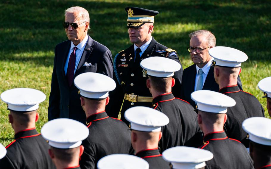 President Joe Biden and Australian Prime Minister Anthony Albanese review a line of service members outside the White House on Wednesday.