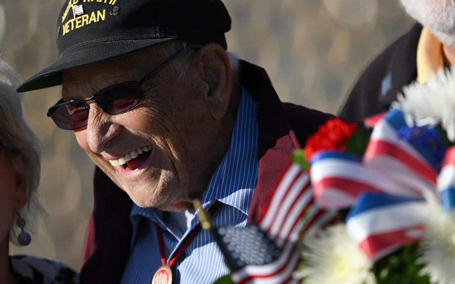 Witold “Victor” Brick, 101, takes part in a Veterans Day ceremony at the World War II Memorial on Nov. 11 in Washington. (MUST CREDIT: Matt McClain/The Washington Post) 