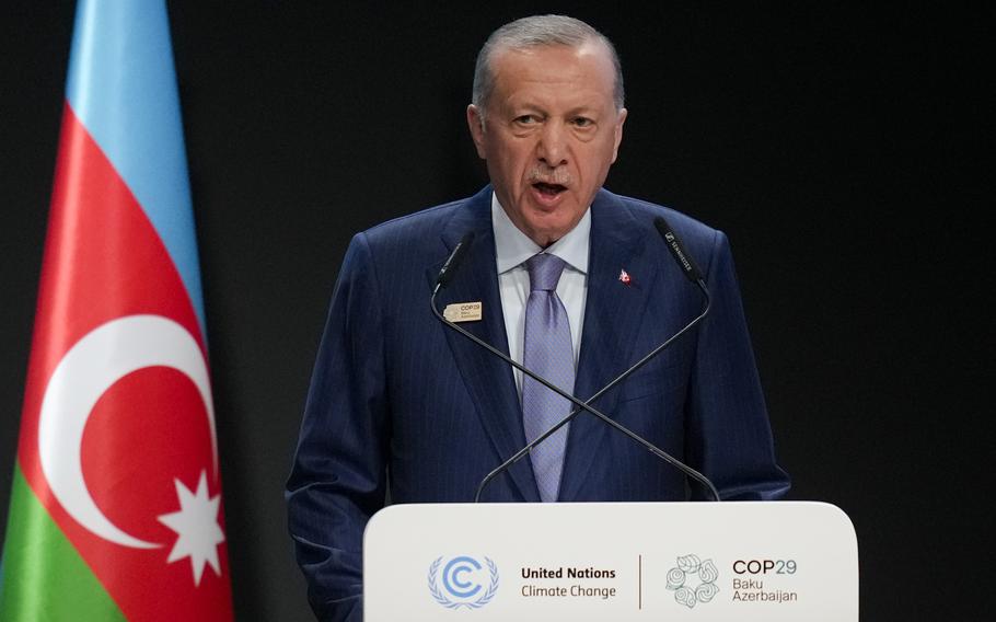 Recep Tayyip Erdogan, the president of Turkey, speaks at a U.N. climate summit in Baku, Azerbaijan, Nov. 12, 2024.