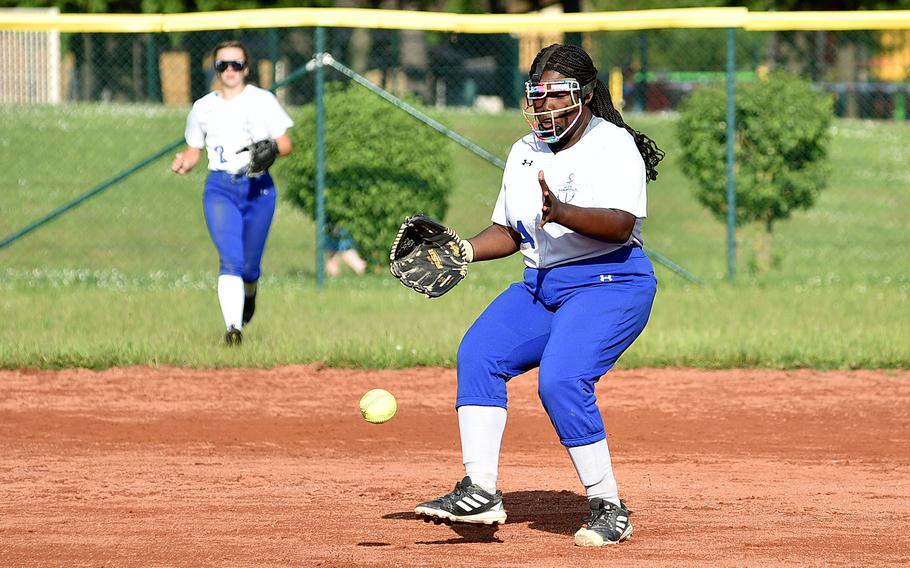 Rota second baseman Ilyssa Hagood goes to field a ground ball in a during a game against Spangdahlem at the Divisions II/III DODEA European softball championships May 22, 2024, on Ramstein Air Base, Germany.