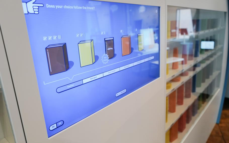 The packaging station explores the effect of color, shape and materials of packaging on marketing and perception by allowing visitors to select appropriate packaging for different products and comparing their selection against other visitors’. 