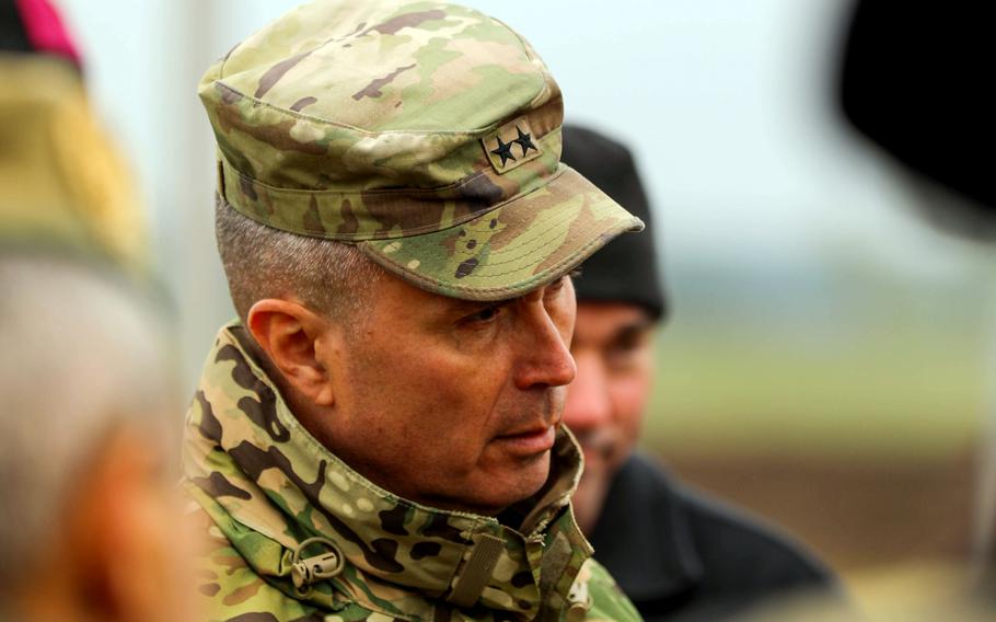 U.S. Army Maj. Gen. Christopher Norrie, commanding general of 3rd Infantry Division, listens to a presentation before a multinational live-fire exercise at Bemowo Piskie Training Area in Poland on April 17, 2024.