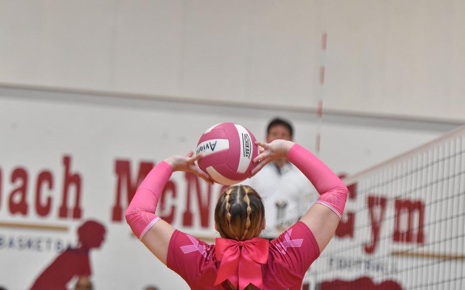 Aviano's Koda Roush sets the ball Saturday, Oct. 5, 2024, in the Saints' sweep of Sigonella at Aviano Air Base, Italy.