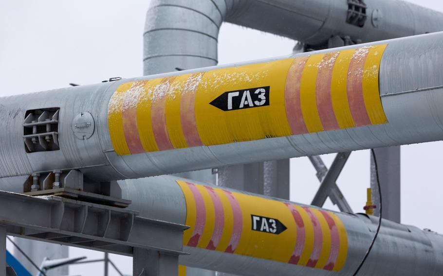 Pipes labeled “gas” in the yard of the Comprehensive Gas Treatment Unit No. 3 at the Gazprom PJSC Chayandinskoye oil, gas and condensate field.