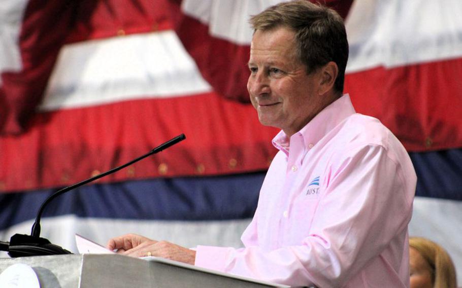 Larry Ryder, Austal USA’s vice president for business development and external affairs, speaks during a keel-laying ceremony for LCS-38, the future USS Pierre. The ceremony for Austal’s last Independence-class Littoral Combat Ship was held on June 16, 2023.