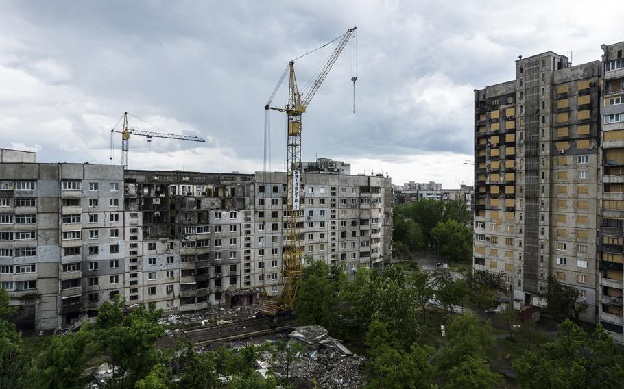 Damaged residential buildings in Saltivskyi, a district in the northwest of the city of Kharkiv, Ukraine, known for its sprawling Soviet-era housing projects, on May 23. 