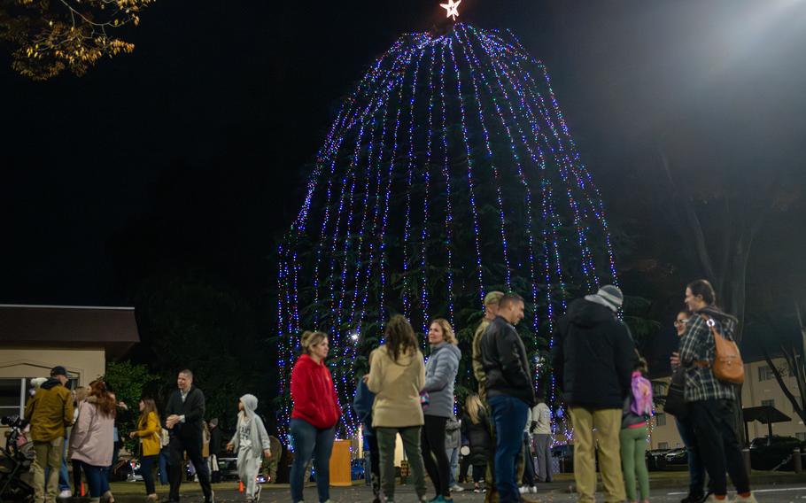 Attendees gather around a tree