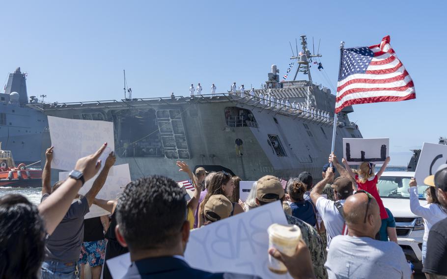 USS Manchester moors pier side at its homeport of Naval Base San Diego