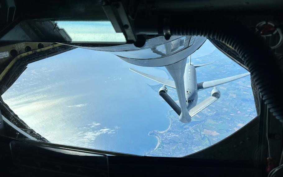 The KC-46A aircraft that successfully circumnavigated the world without stopping is refueled by a 350th Air Refueling Squadron KC-135R Stratotanker over the United Kingdom on July 1, 2024. The KC-46A completed the trip around the world in 43 hours.
