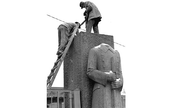 Berlin, February, 1947: Two workers repair a Berlin monument that still bears significant scars from World War II

Looking for Stars and Stripes’ historic coverage? Subscribe to Stars and Stripes’ historic newspaper archive! We have digitized our 1948-1999 European and Pacific editions, as well as several of our WWII editions and made them available online through https://starsandstripes.newspaperarchive.com/

META TAGS: Berlin; Cold War; monument; WWII