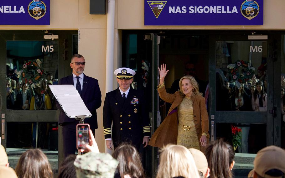 First lady Jill Biden and Capt. Aaron Shoemaker arrive to speak to service members and their families