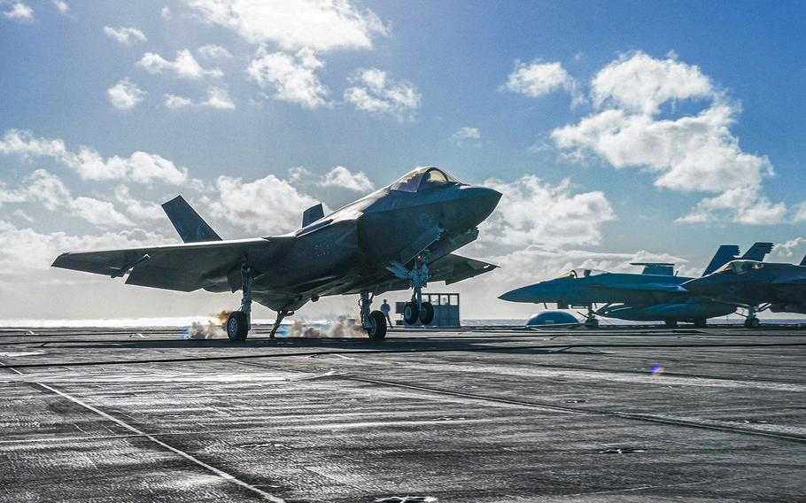 A U.S. Navy F-35C Lightning II launches from the USS Carl Vinson during RIMPAC exercises in Hawaii on July 15, 2024.