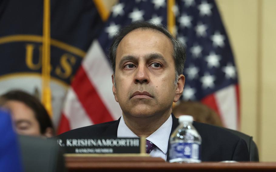 Ranking member Raja Krishnamoorthi (D-Ill.) participates in the first hearing of the U.S. House Select Committee on Strategic Competition between the United States and the Chinese Communist Party, in the Cannon House Office Building on Feb. 28, 2023, in Washington. The committee is investigating economic, technological and security competition between the U.S. and China.