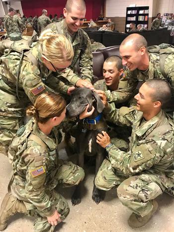 Maverick spends time with military members at the Fort Leonard Wood USO Club. 