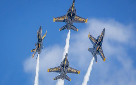 Blue Angels F/A-18 Super Hornets fly overhead during the Kaneohe Bay Air Show in Hawaii, Aug. 12, 2022. 