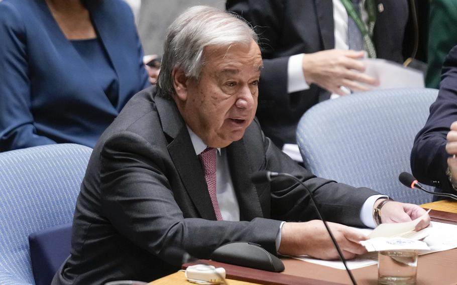 United Nations Secretary-General Antonio Guterres speaks during a Security Council meeting at United Nations headquarters.