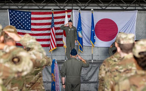 Air Force Col. Paul Davidson renders his first salute as commander during the 35th Fighter Wing change-of-command ceremony at Misawa Air Base, Japan, July 8, 2024.

