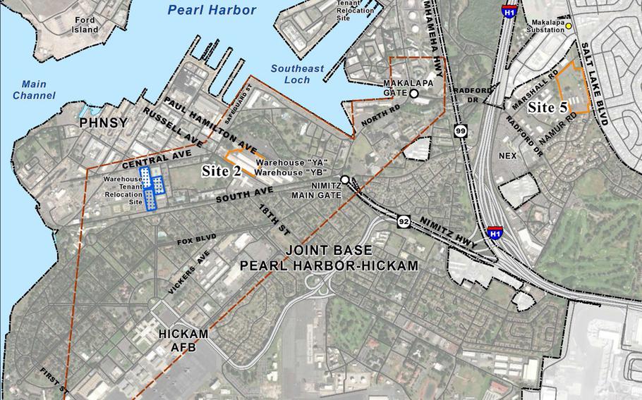 The Navy plans to lease out two sites on Joint Base Pearl Harbor-Hickam, Hawaii, outlined in orange, for construction of biofuel and solar energy plants intended to give the service greater energy resiliency. 