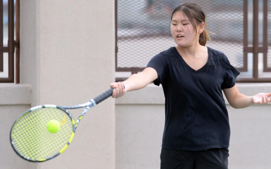 Grace Kim is one of three sophomores who played varsity tennis for Osan last year.