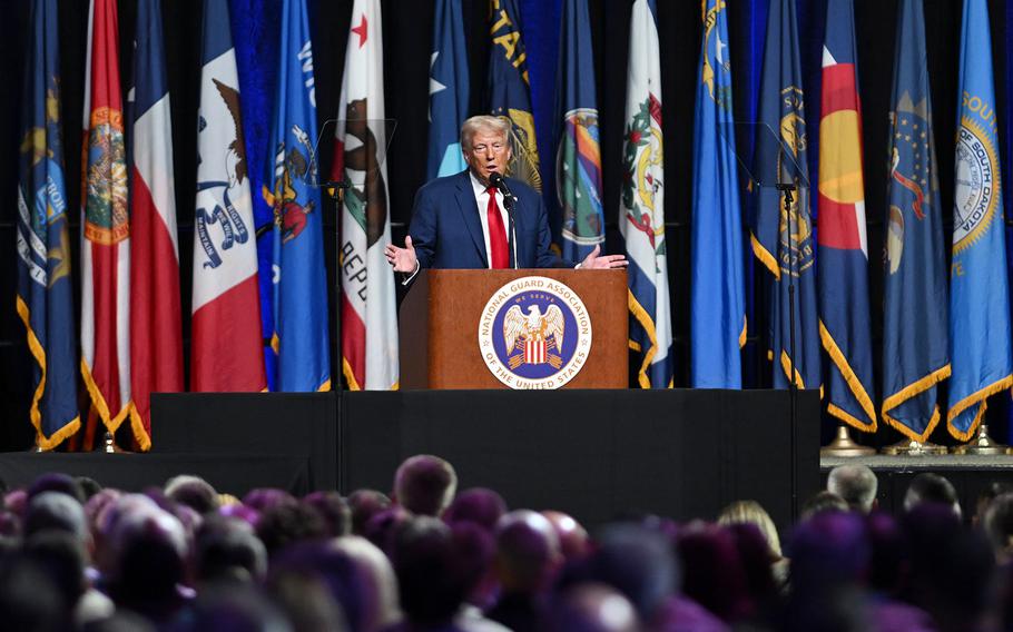 Republican presidential nominee Donald Trump speaks at the National Guard Association of the United States conference at Huntington Place in Detroit on August 26, 2024.