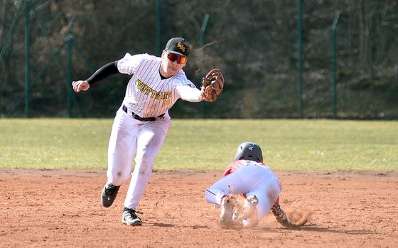 Stuttgart shortstop Hayden Foley grabs a throw from home plate while Kaiserslautern's Lucas Sullivan steals second base during the second game of a doubleheader on March 22, 2025, at Pulaski Park in Kaiserslautern, Germany.