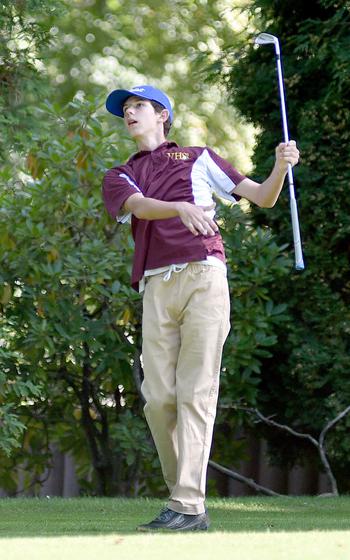 Vilseck's Finneas Horgan watches his shot off the tee during the No. 10 hole on Sept. 28, 2023, at Woodlawn Golf Course on Ramstein Air Base, Germany.