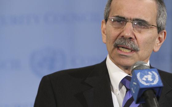 FILE - Lebanese Ambassador to the United Nations Nawaf Salam speaks to reporters after Security Council consultations on the situation in Libya, March 14, 2011 at United Nations headquarters. (AP Photo, File)