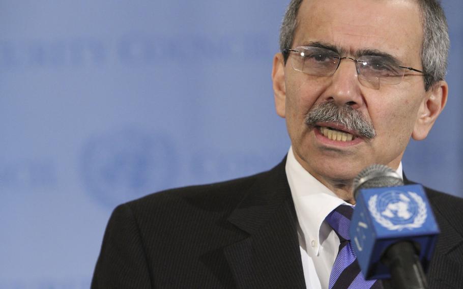 Lebanese Ambassador to the United Nations Nawaf Salam speaks to reporters 