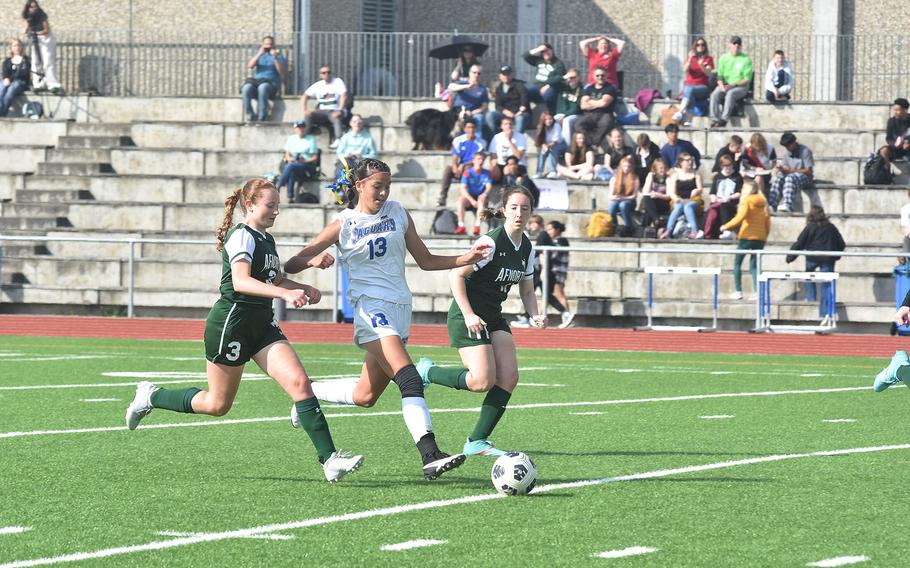Seemingly every time Ryleigh Denton - Sigonella's leading scorer - touched the ball Thursday, May 23, 2024, in the championsip of the DODEA European Division III girls soccer tournament there were multiple defenders trying to take the ball away, such as Sara Nix, left, and Shannon O'Connor.