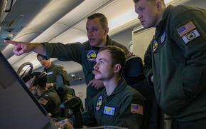 U.S. Navy Sailors, assigned to Patrol Squadron (VP) 40, conduct flight operations along the Southern Border aboard a P-8A Poseidon aircraft on Jan. 31, 2025. U.S. Northern Command is working together with the Department of Homeland Security to augment U.S. Customs and Border Protection along the southern border with additional military forces. This initial deployment of more than 1,600 active-duty personnel brings the total military Title 10 forces along the border to nearly 4,000 personnel. (U.S. Navy photo by Mass Communication Specialist 2nd Class Andy Anderson)